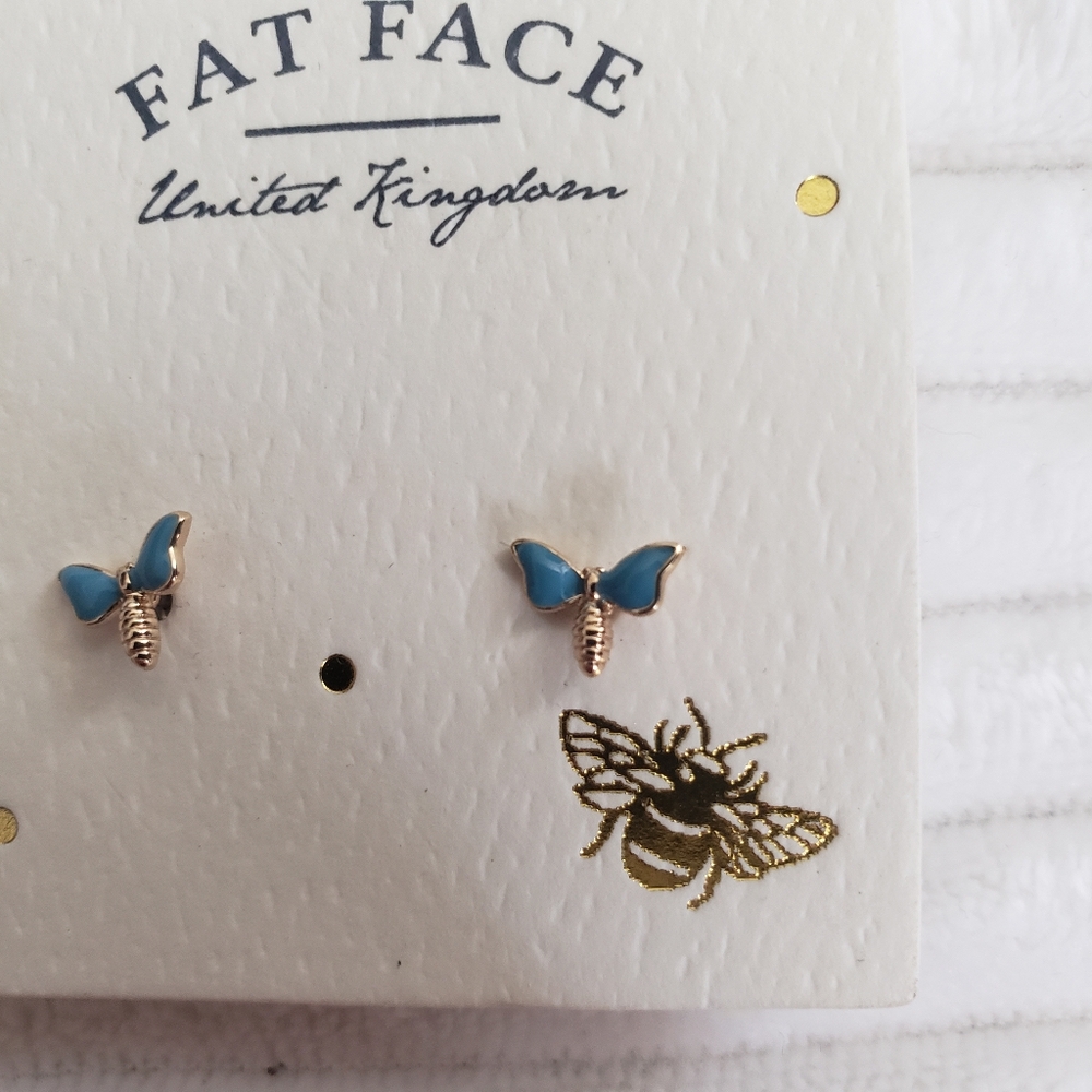 Fat Face UK Blue Butterfly/ Moth Dainty Gold Earrings NWT